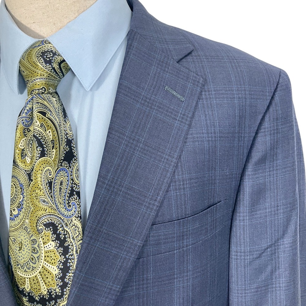Hart Schaffner Marx Blazer Men 44L Blue Plaid Two Button VTG Union USA Jacket